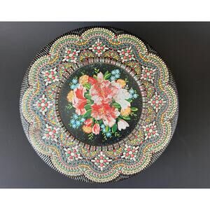 Vintage 1950s Cookie Biscuit Tin with Mosaic Needlepoint Design